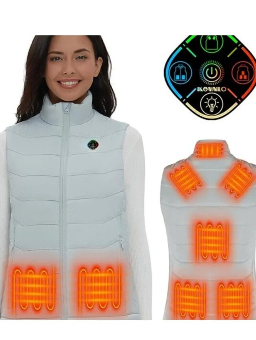 KOVNLO Quilted Heated Smart Vest in Light Grey Mock Neck Women's L